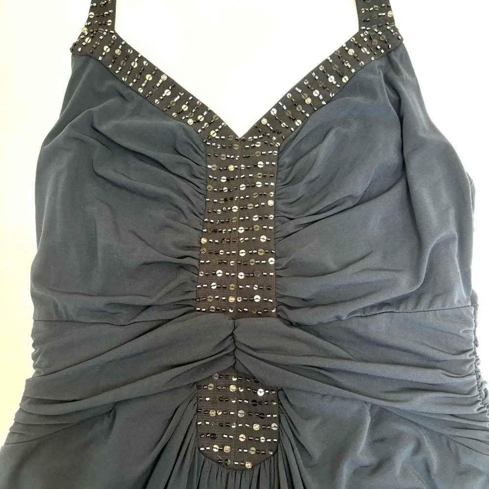 BCBGMAXAZRIA Y2K Ruched Jersey Halter Dress Sequin Trim Cocktail Navy Small NWT - Picture 3 of 14